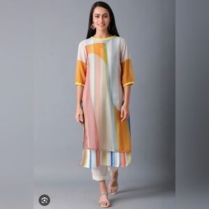 W For Woman Sheer Colorful Geometric Kurta Dress Cover Up Indian Women's Size 12